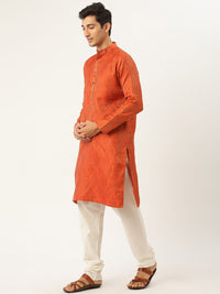 SOJANYA Men Orange Ethnic Motifs Jacquard Silk Kurta with Churidar & Nehru Jacket