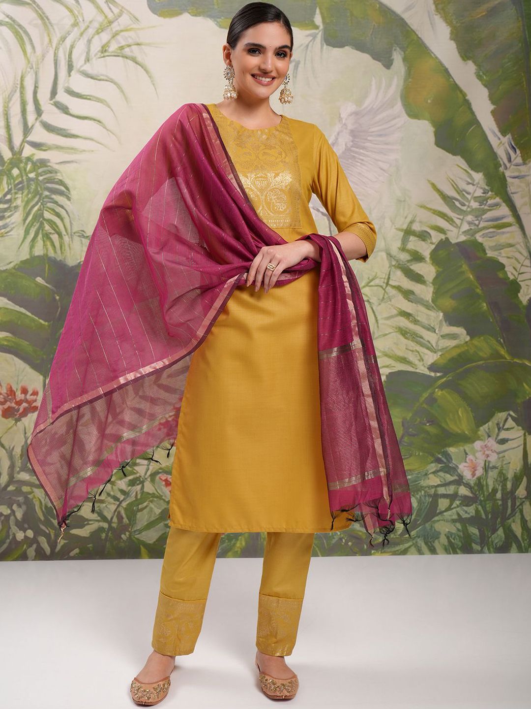 Vishudh Yellow Ethnic Motifs Yoke Design Straight Kurta With Trousers & Dupatta