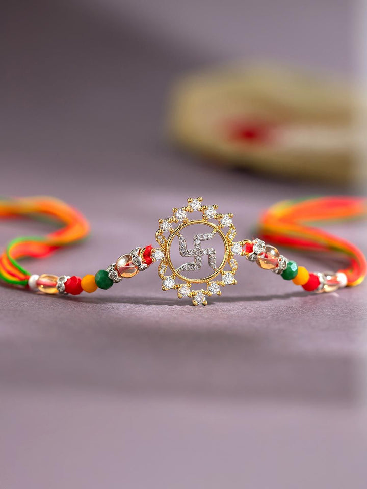 Voylla Radiant Swastika American Diamond Studded & Beaded Thread Rakhi