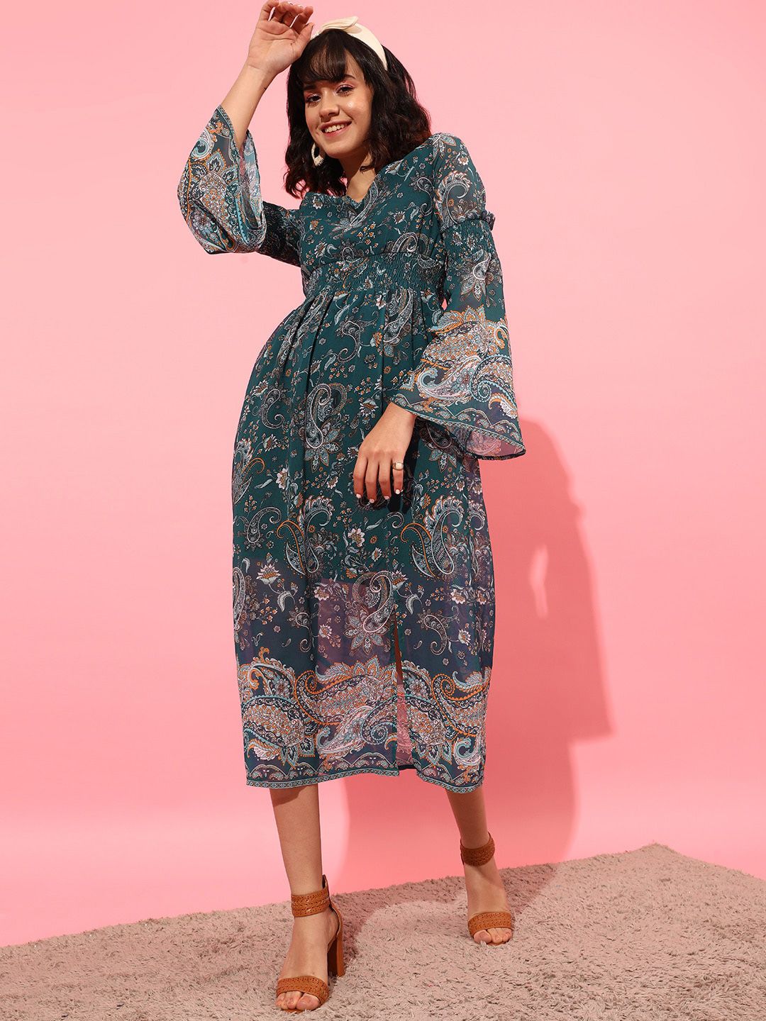 STREET 9 Bell Sleeves Printed Chiffon Midi A-Line Dress