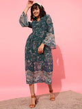 STREET 9 Bell Sleeves Printed Chiffon Midi A-Line Dress