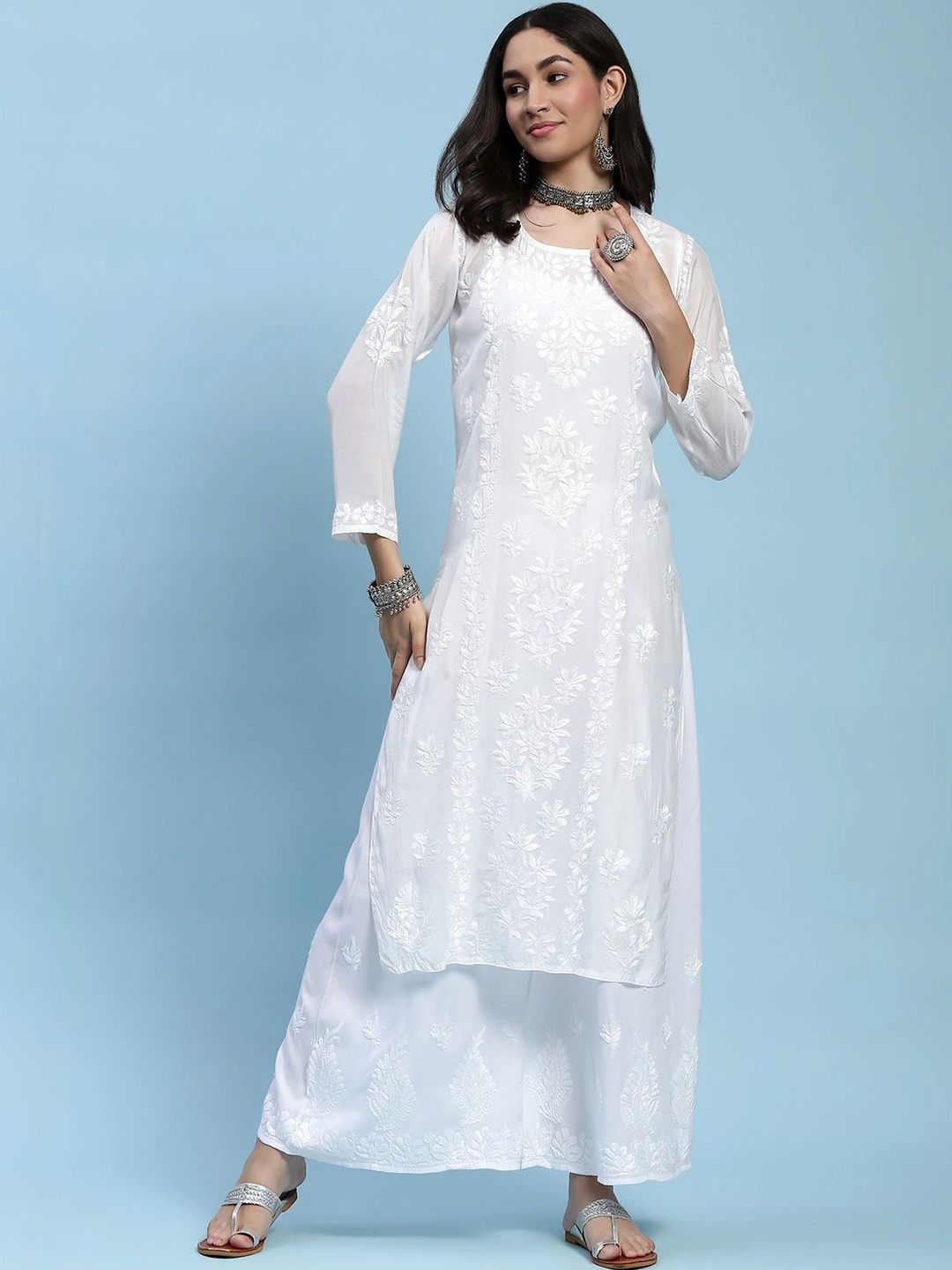 Rumah Wanita Chikankari Motif Etnik Bersulam Kurta Chikankari