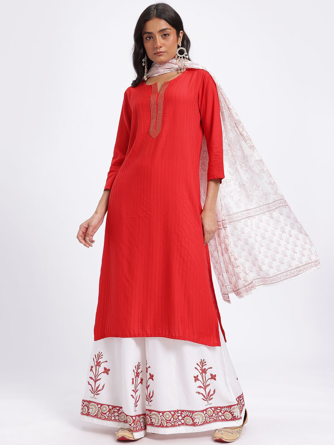 Anouk Yoke Design Panelled Kurta with Floral Printed Palazzos & Dupatta