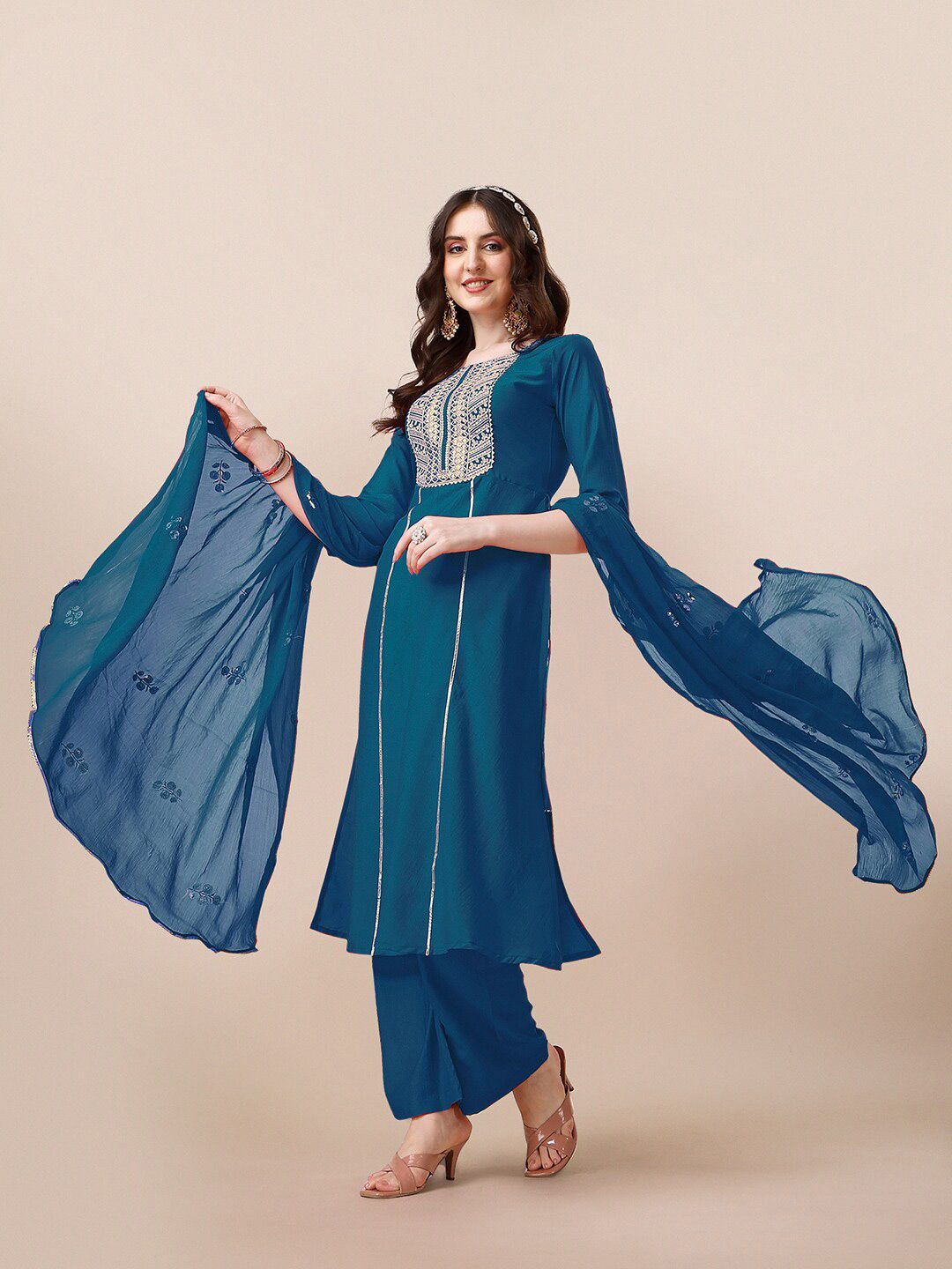 KALINI Round Neck Embroidered Gotta Patti Straight Kurta with Palazzos & With Dupatta