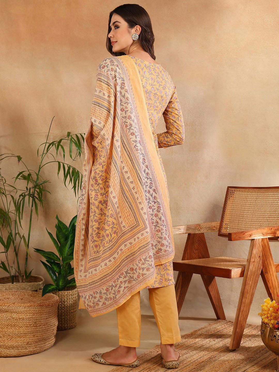 KALINI Floral Printed Regular Thread Work Straight Kurta with Trousers & Dupatta