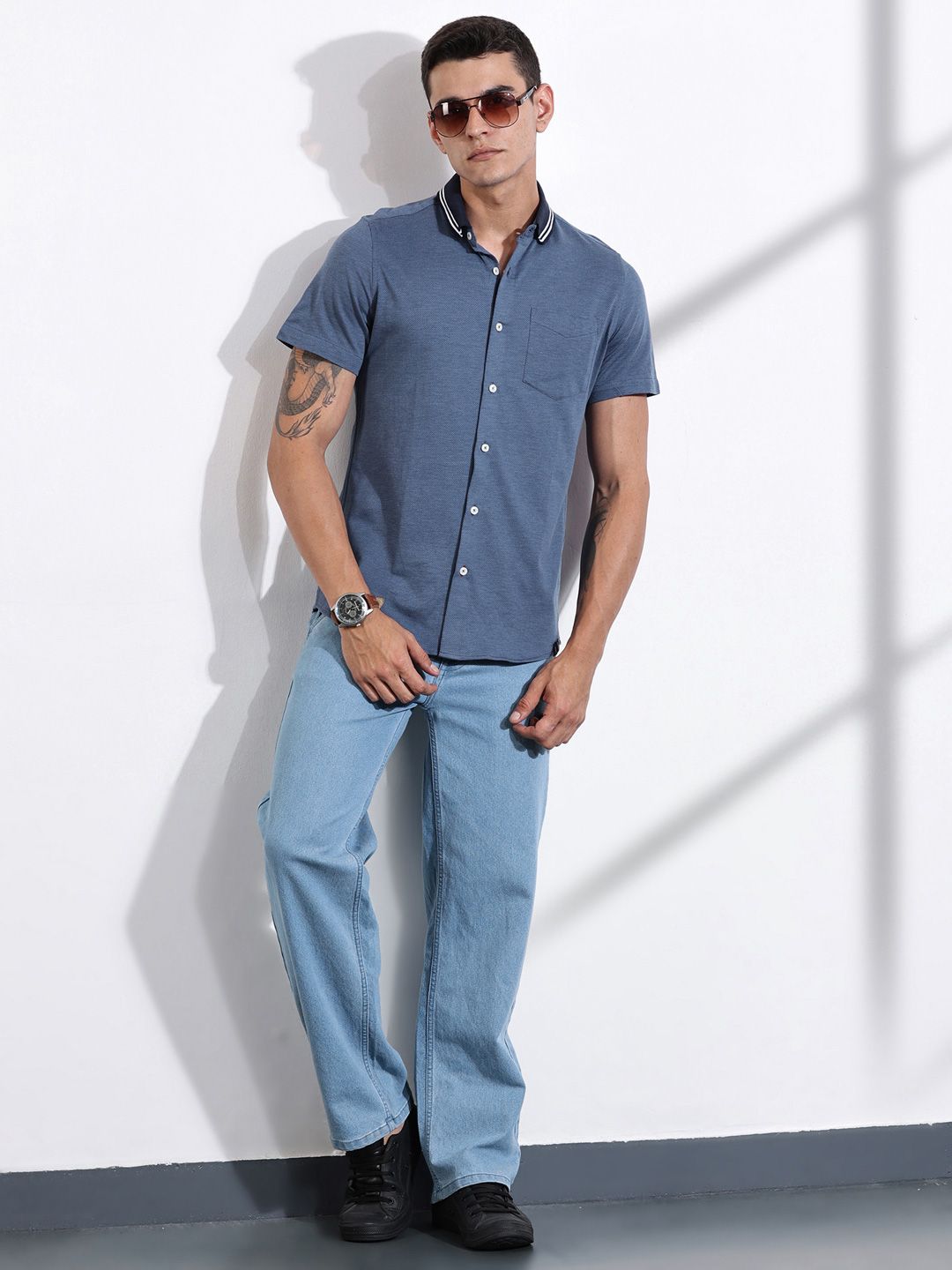 Thomas Scott Men Classic Slim Fit Spread Collar Solid Cotton Knitted Shirt
