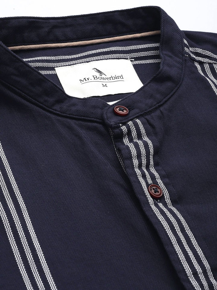 Mr Bowerbird Men Navy Blue Tailored Fit Striped Casual Shirt
