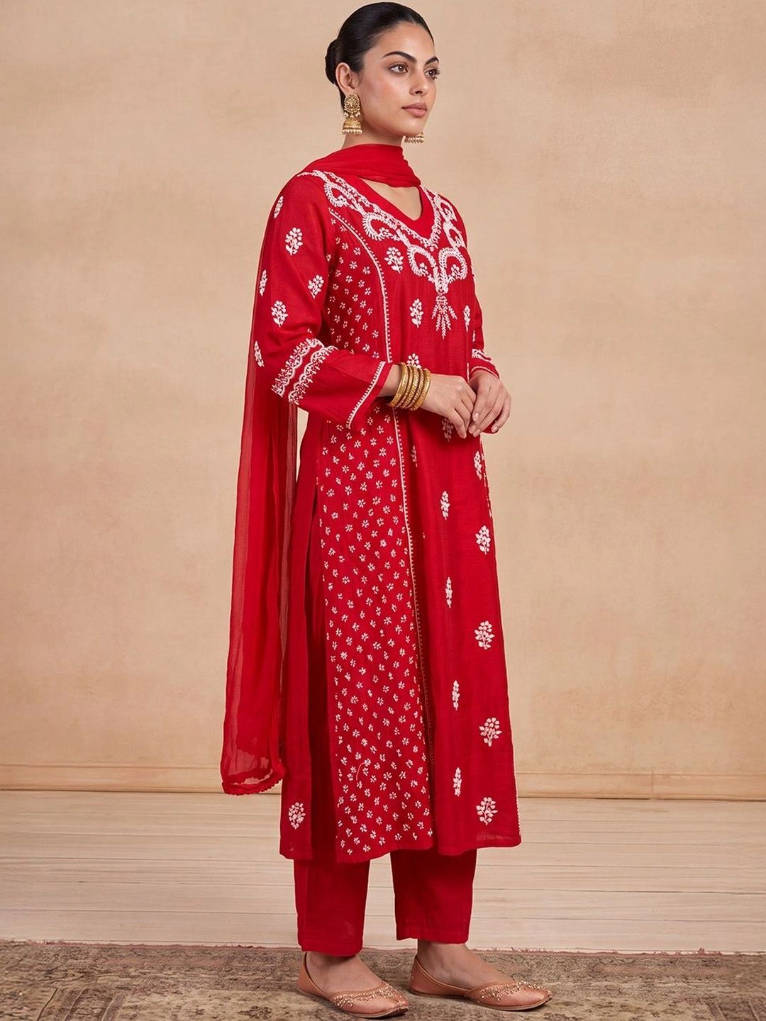 House of Chikankari Women Ethnic Motifs Embroidered Regular Chikankari Chanderi Silk Kurta with Trousers &