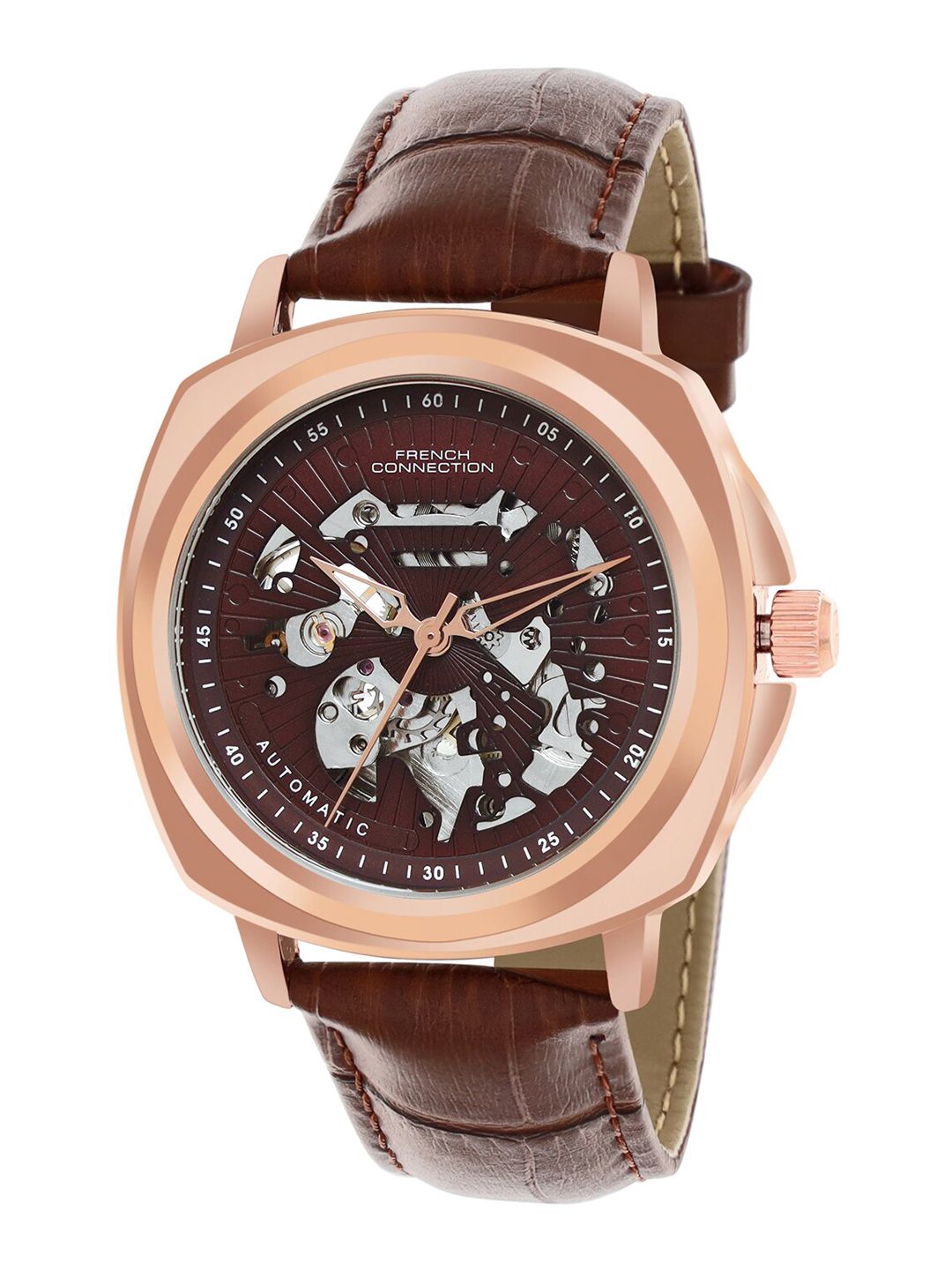 French Connection Men Brown Dial & Leather Straps Analogue Automatic Motion Powered Watch