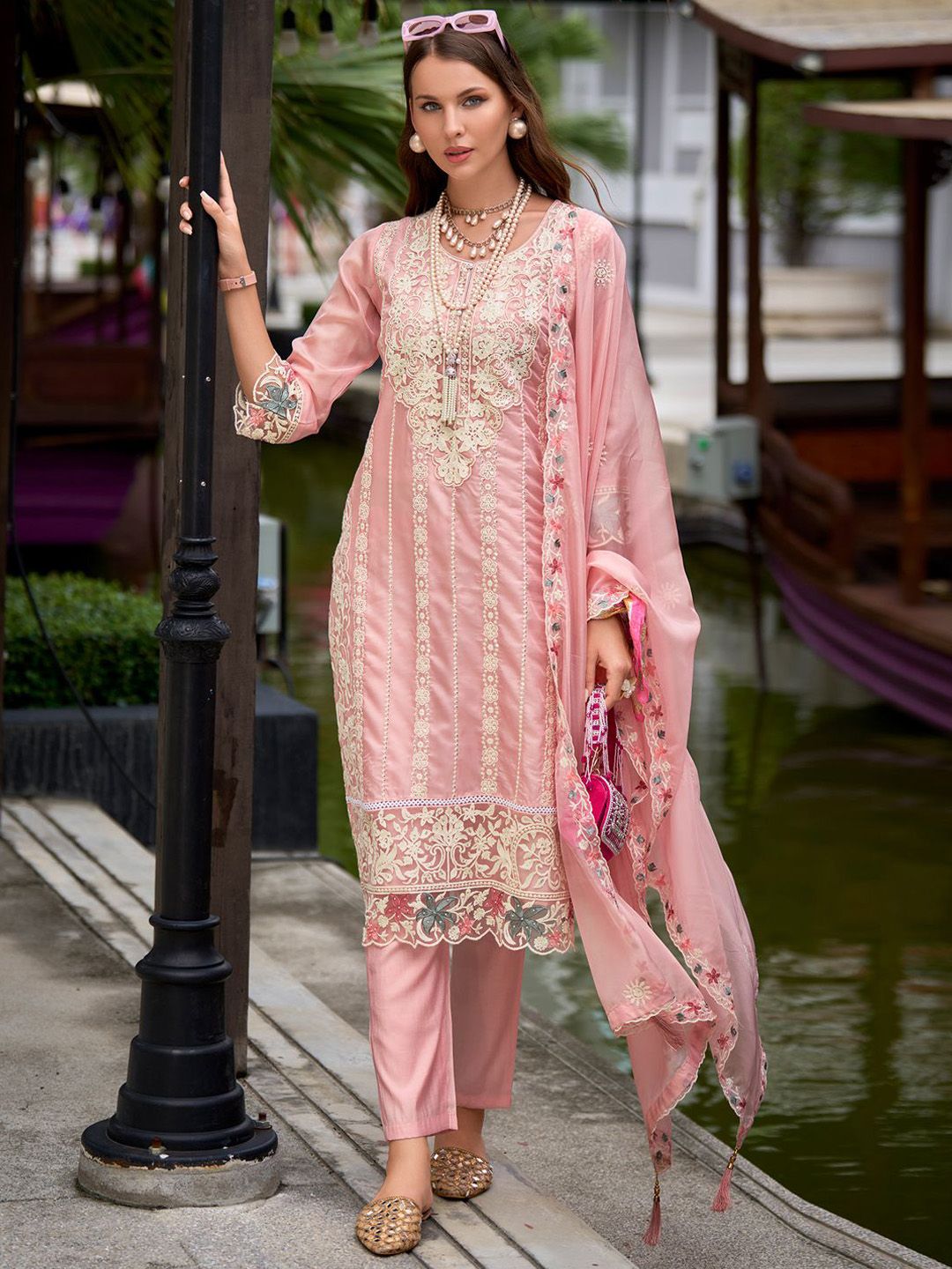 Indo Era Floral Embroidered Sequinned Straight Kurta with Trouser & Dupatta