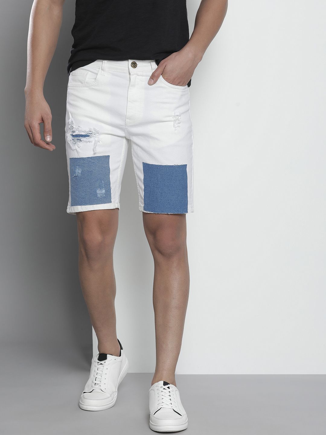 The Indian Garage Co Men White Slim Fit Denim Shorts