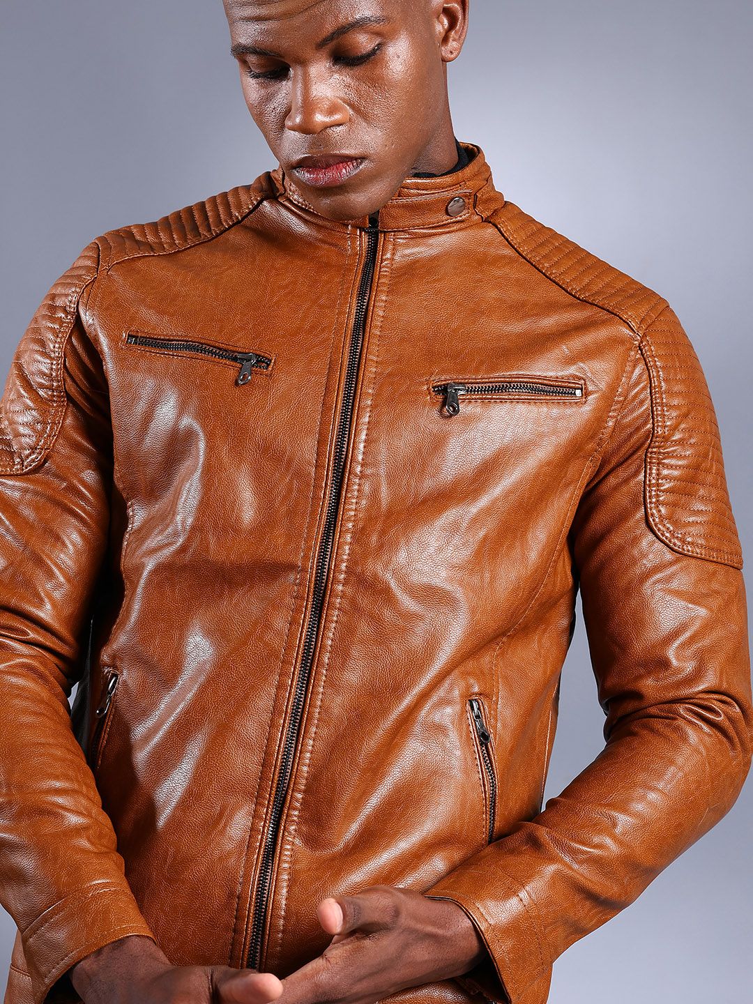 The Indian Garage Co Men Brown Solid Faux Biker Jacket