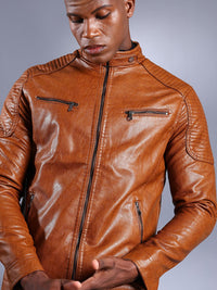 The Indian Garage Co Men Brown Solid Faux Biker Jacket
