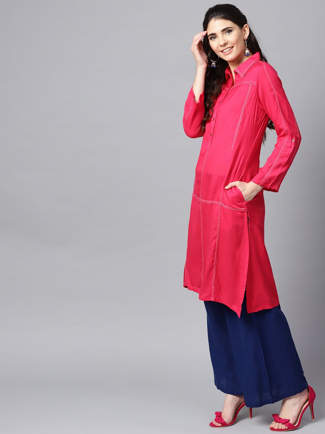 W Women Pink Solid Straight Kurta