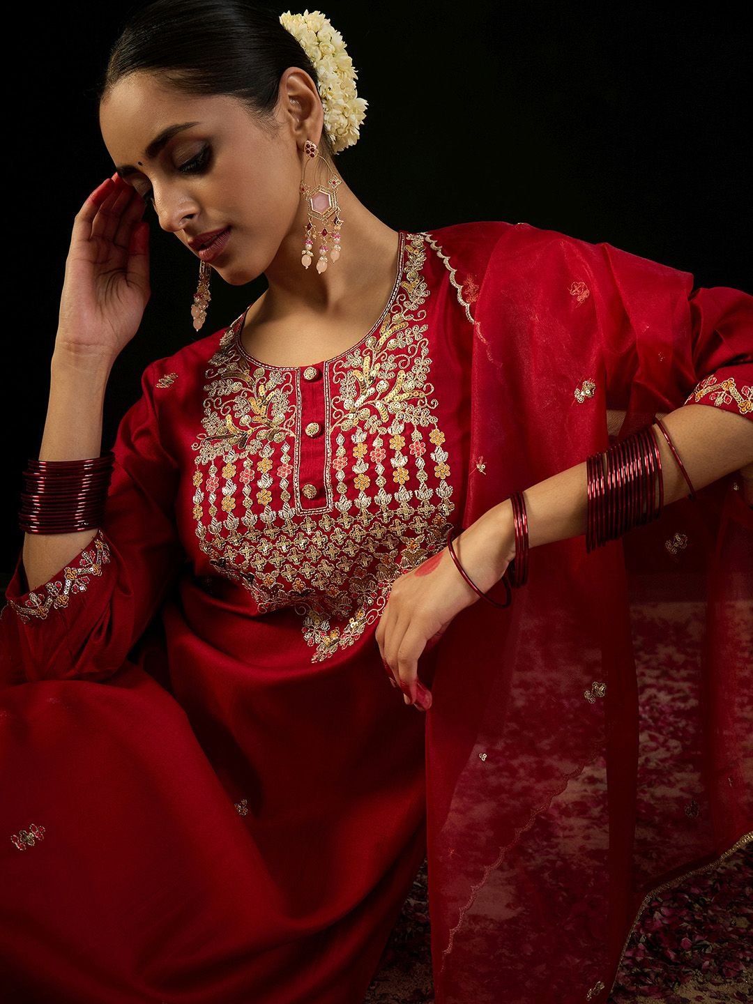 Indo Era Round Neck Ethnic Embroidered Sequinned Kurta with Trouser & Dupatta