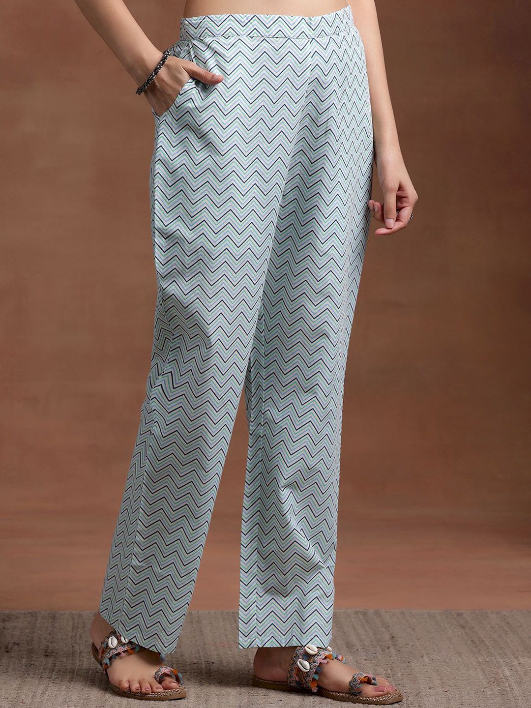 Libas Square Neck Floral Printed Pleated Pure Cotton A Line Kurta with Trouser