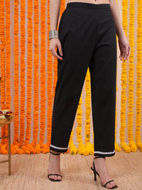 Vishudh Black Floral Embroidered Pure Cotton Straight Kurta with Trousers