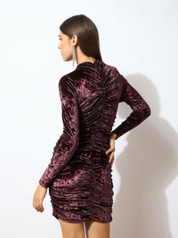 SASSAFRAS Brown High Neck Gathered Detail Velvet Bodycon Dress