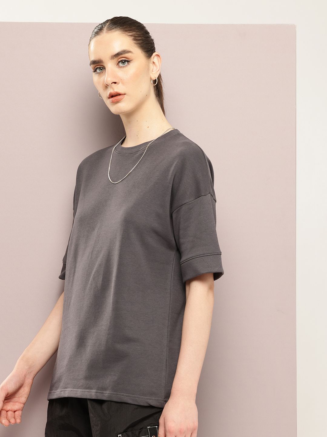 DILLINGER Women Oversized Drop Shoulder Ultra Soft Drapey Cotton Crew Neck T-Shirt
