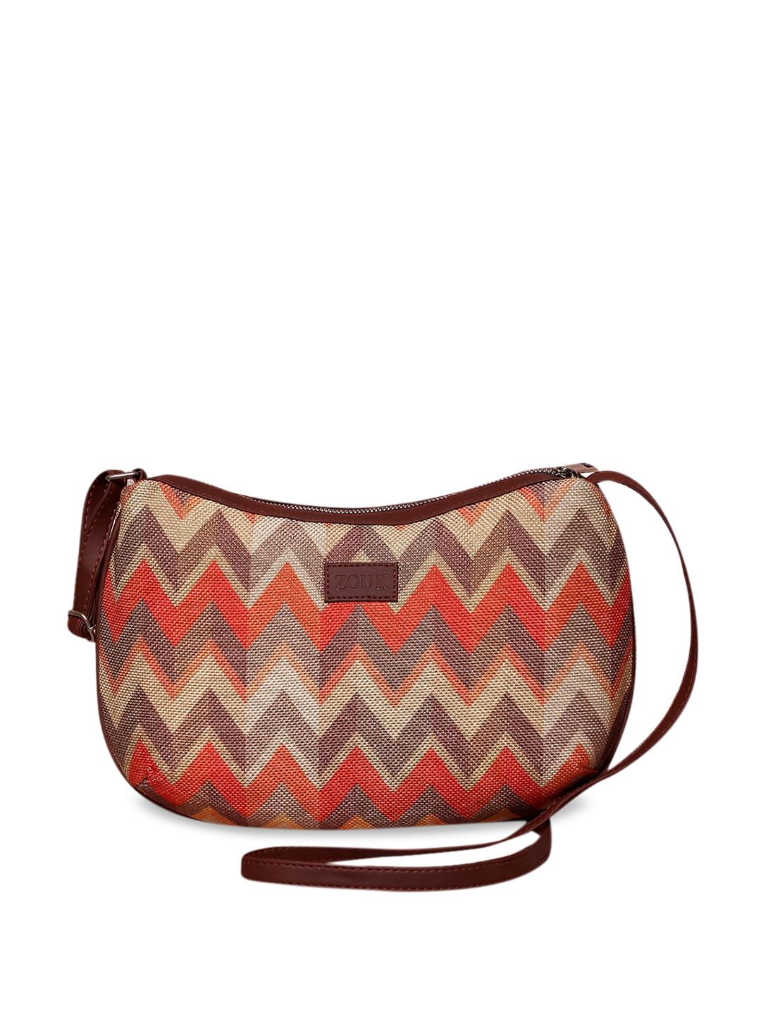ZOUK Orange Geometric Half Moon Sling Bag with Cut Work