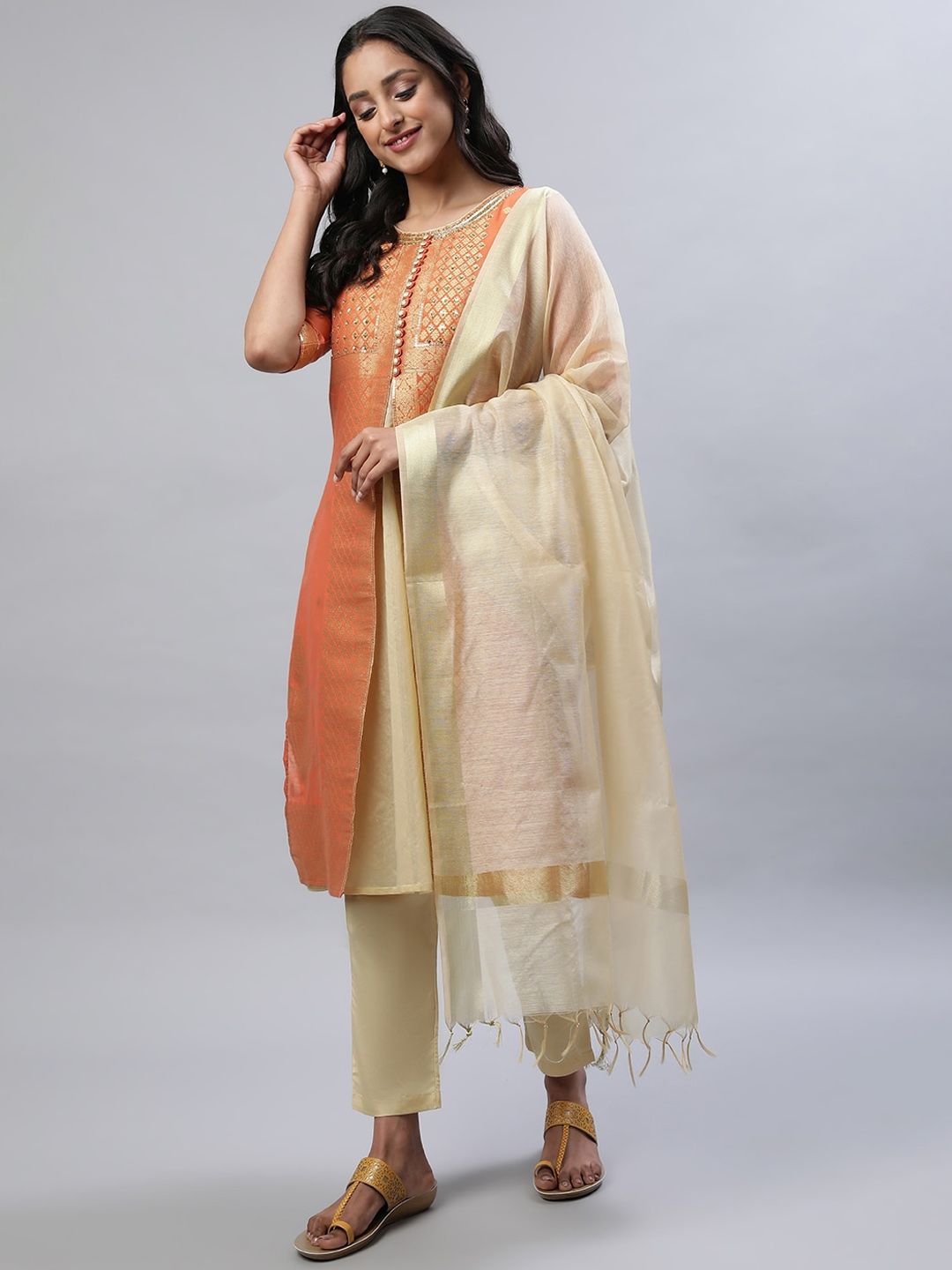 AURELIA Ethnic Motifs Woven Design Sequined A-Line Kurta with Trousers & Dupatta