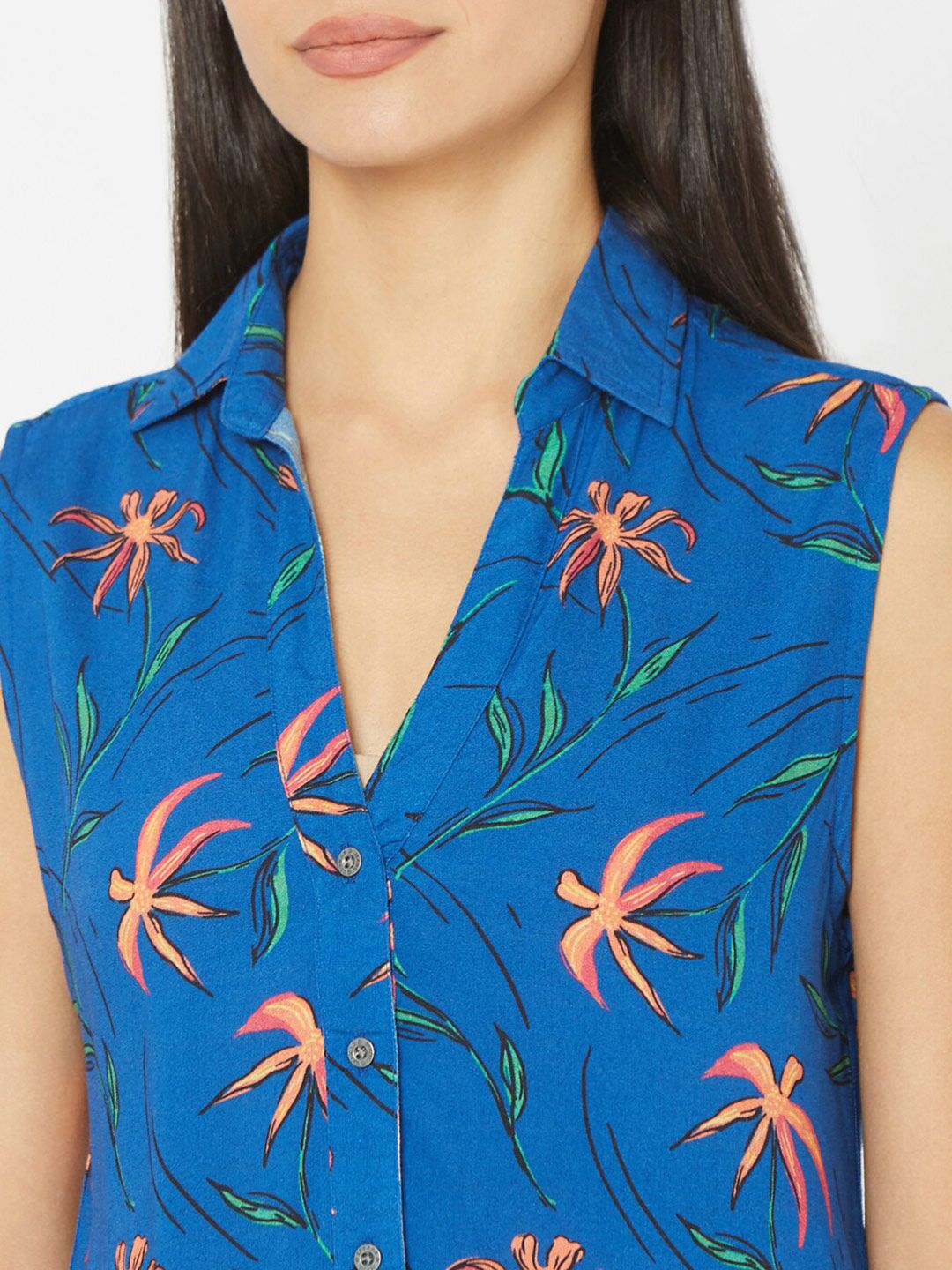 SPYKAR Blue & Orange Tropical Print Tropical Shirt Style Top