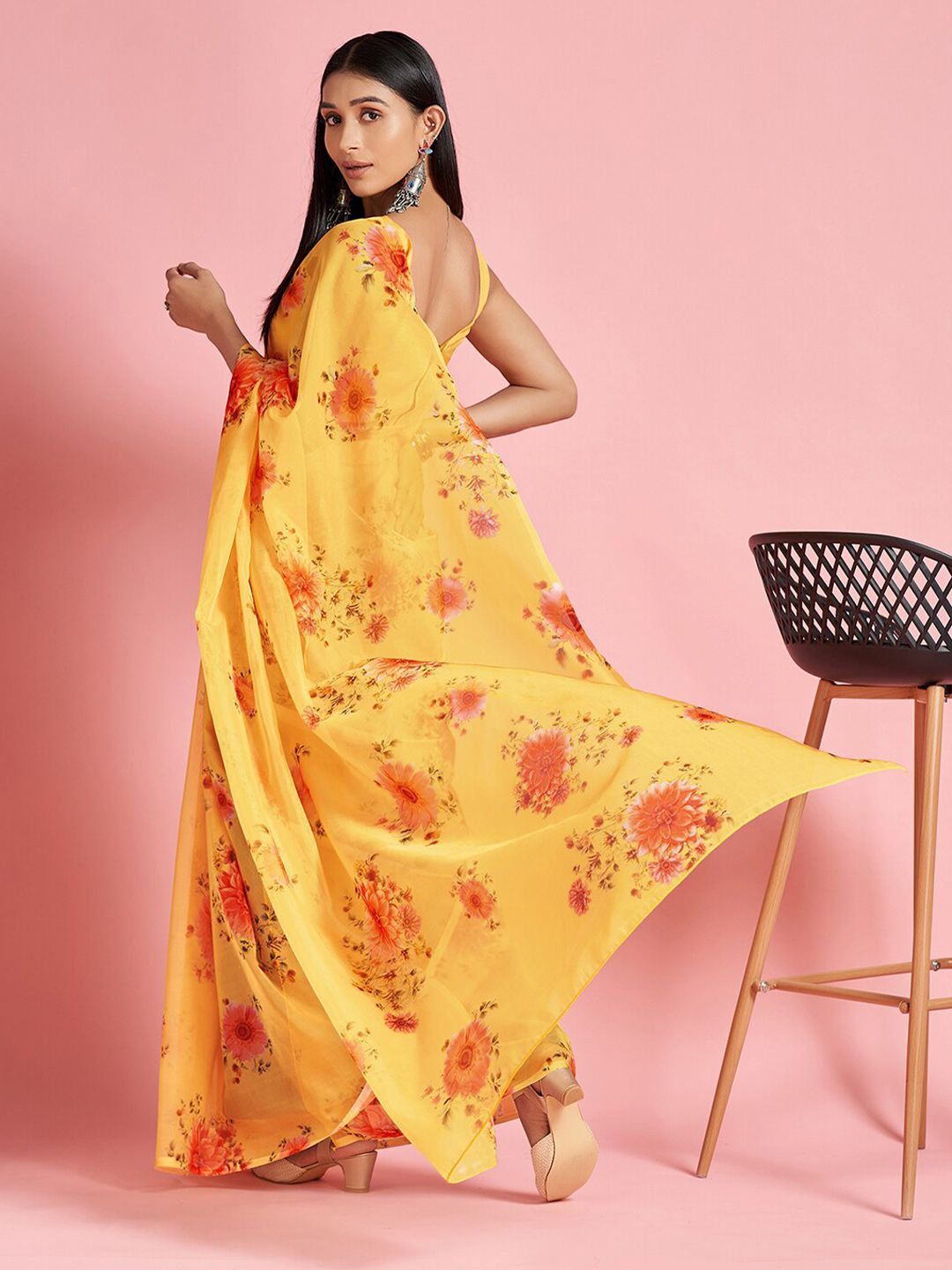 Saree mall Yellow & Red Floral Printed Organza Sarees