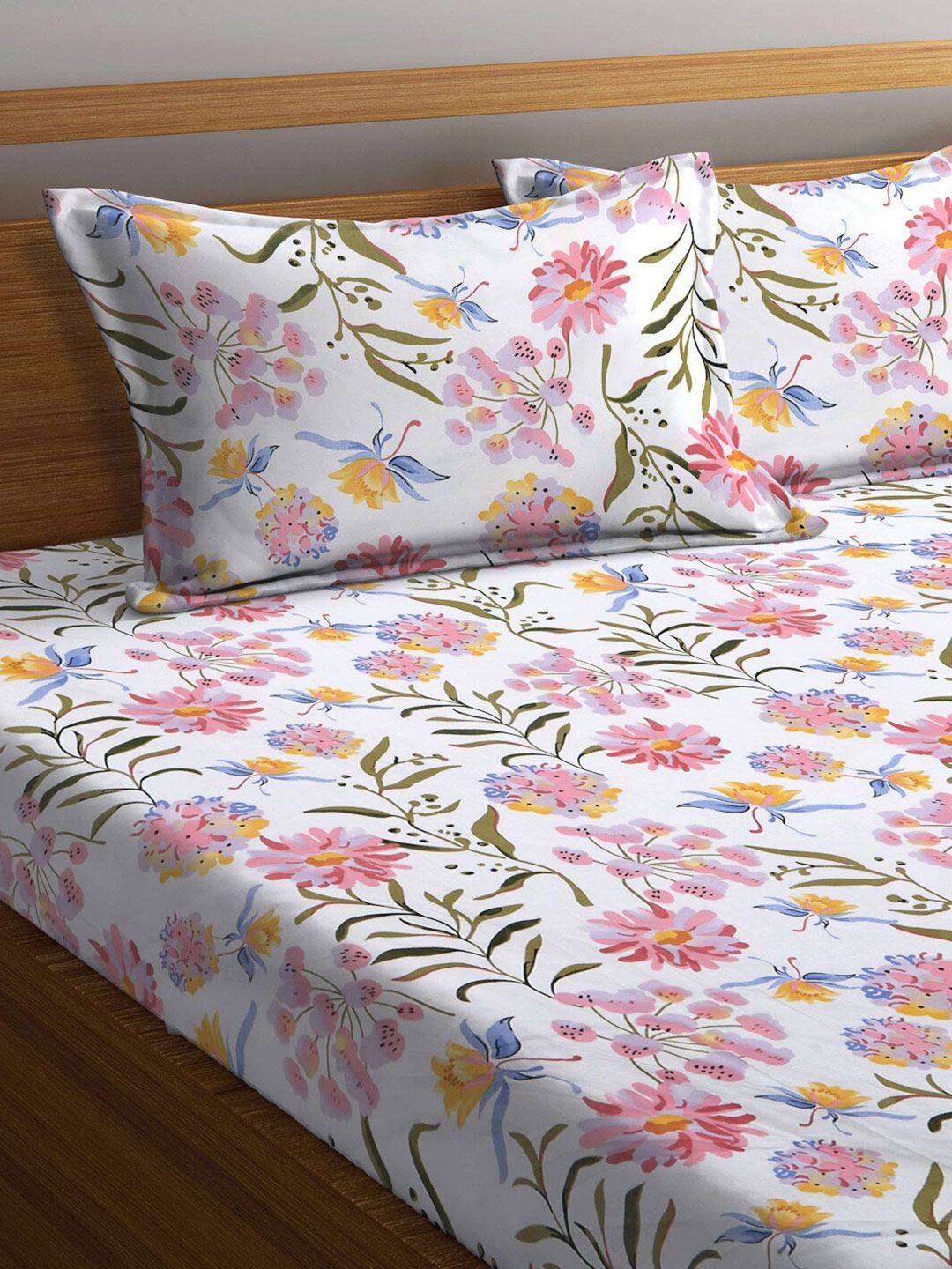 KLOTTHE White Floral 300 TC Cadar Tempat Tidur Super King Halus dengan 2 Sarung Bantal-270X270 cm