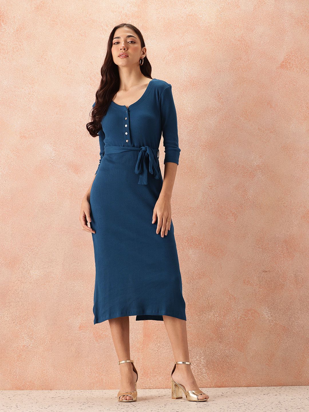 all about you Cotton Ribbed Sheath Midi Dress with Belt