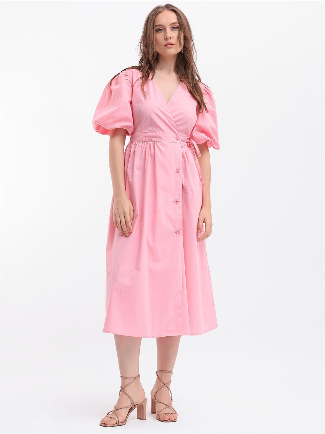 RAREISM Puff Sleeve Midi Wrap Dress