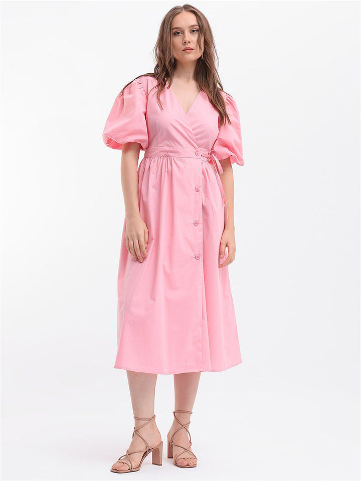 Rareism Puff Sleeve Midi Wrap Dress