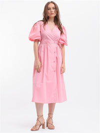 Rareism Puff Sleeve Midi Wrap Dress