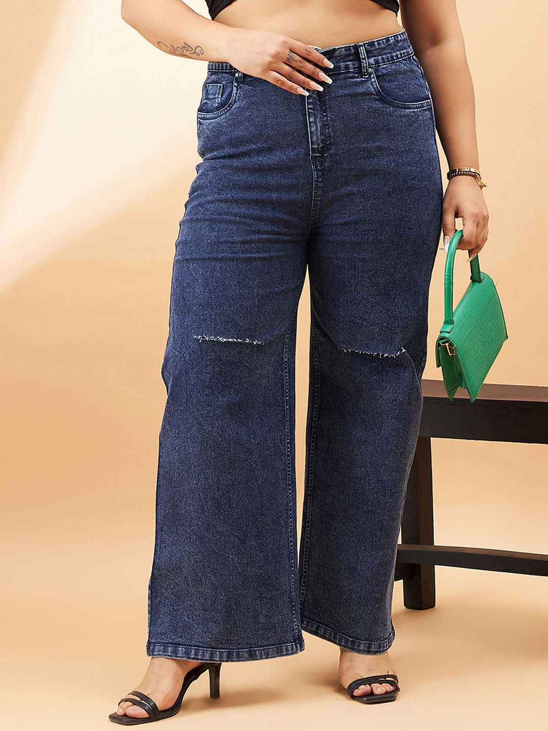 SASSAFRAS Curve Women Plus Size Comfort High-Rise Slash Knee Stretchable Jeans