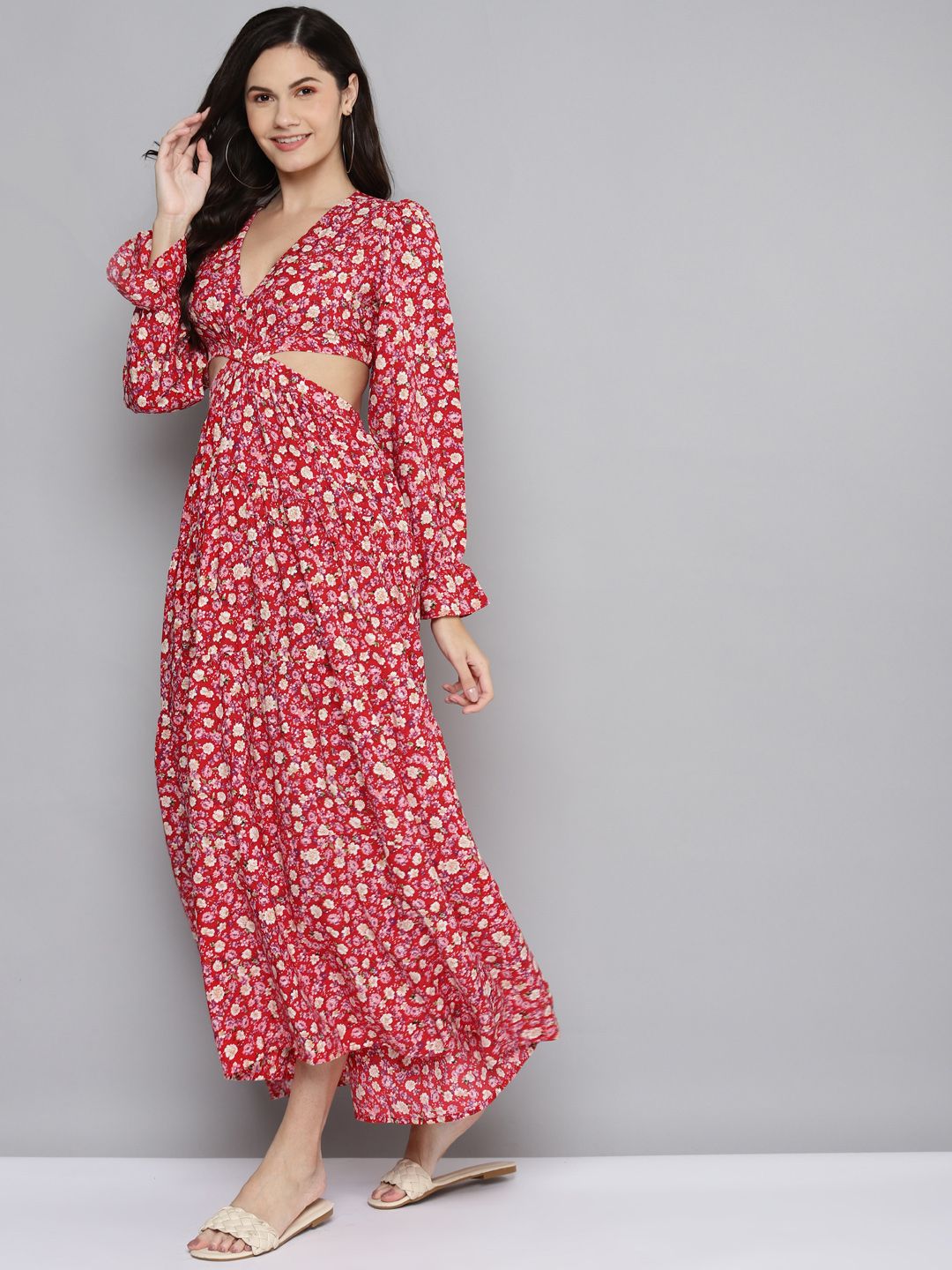 SASSAFRAS Red & Beige Floral Waist Cut-Out Maxi Dress