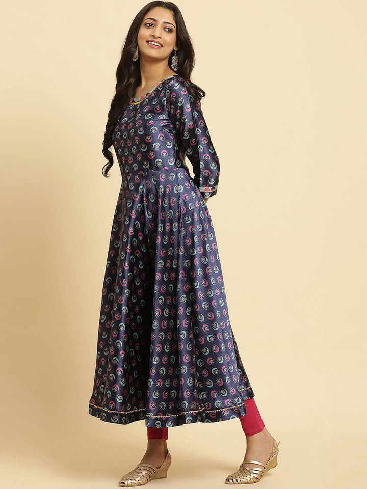 W Blue Ethnic Motifs Printed Regular Sequinned Kurta With Leggings And Dupatta