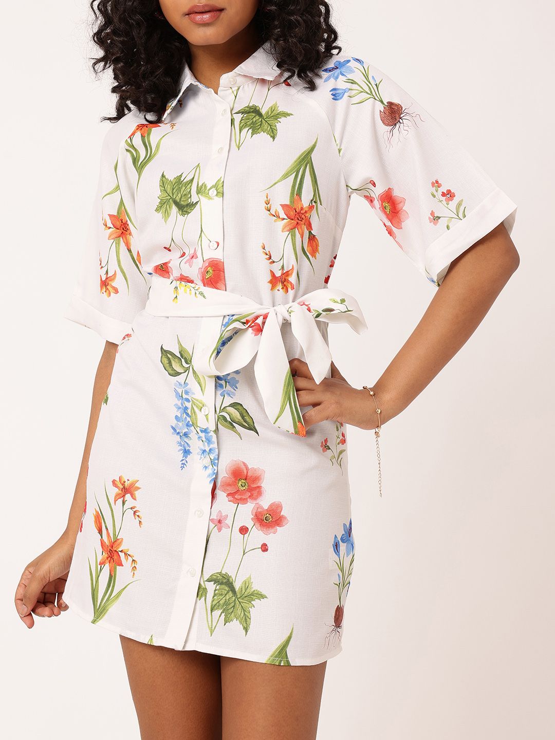 DressBerry Chic Charm Floral Printed Shirt Style Mini Dress With Waist Tie-Up