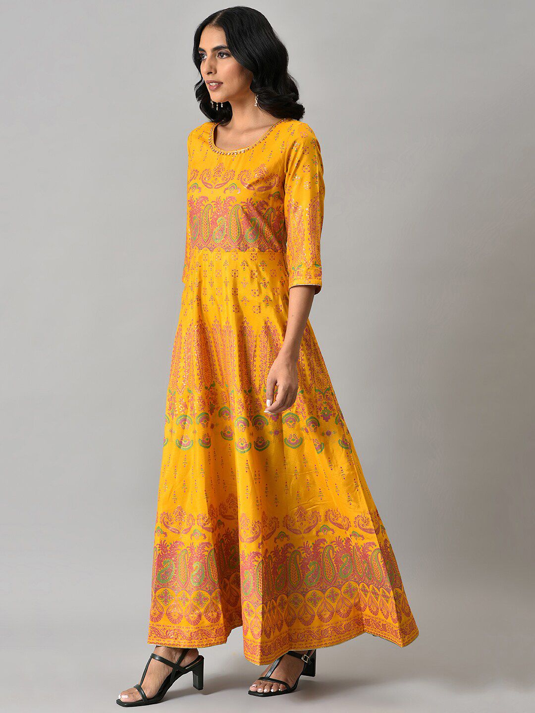 W Women Yellow & Pink Printed Polyester Ethnic Maxi Dress