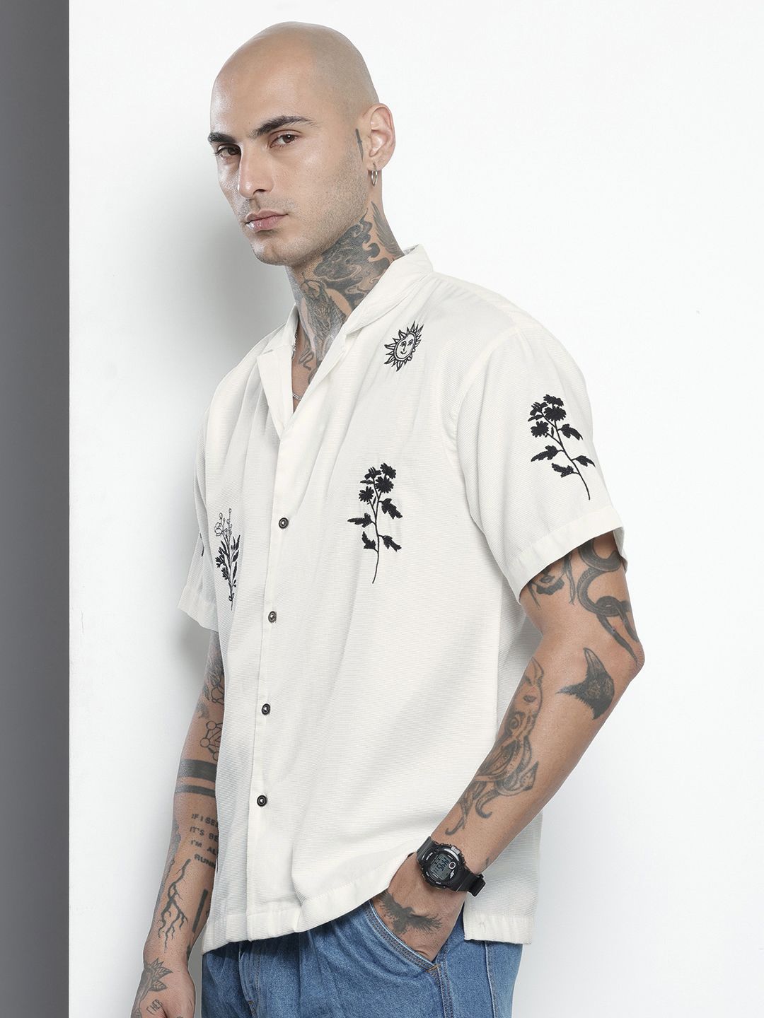 The Indian Garage Co Pure Cotton Floral Embroidered Drop-Shoulder Relaxed Casual Shirt