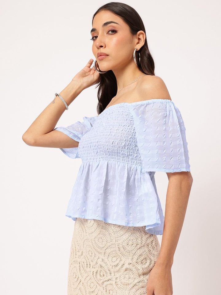 DressBerry Stylish Darling Smocked Off-Shoulder Textured Peplum Top