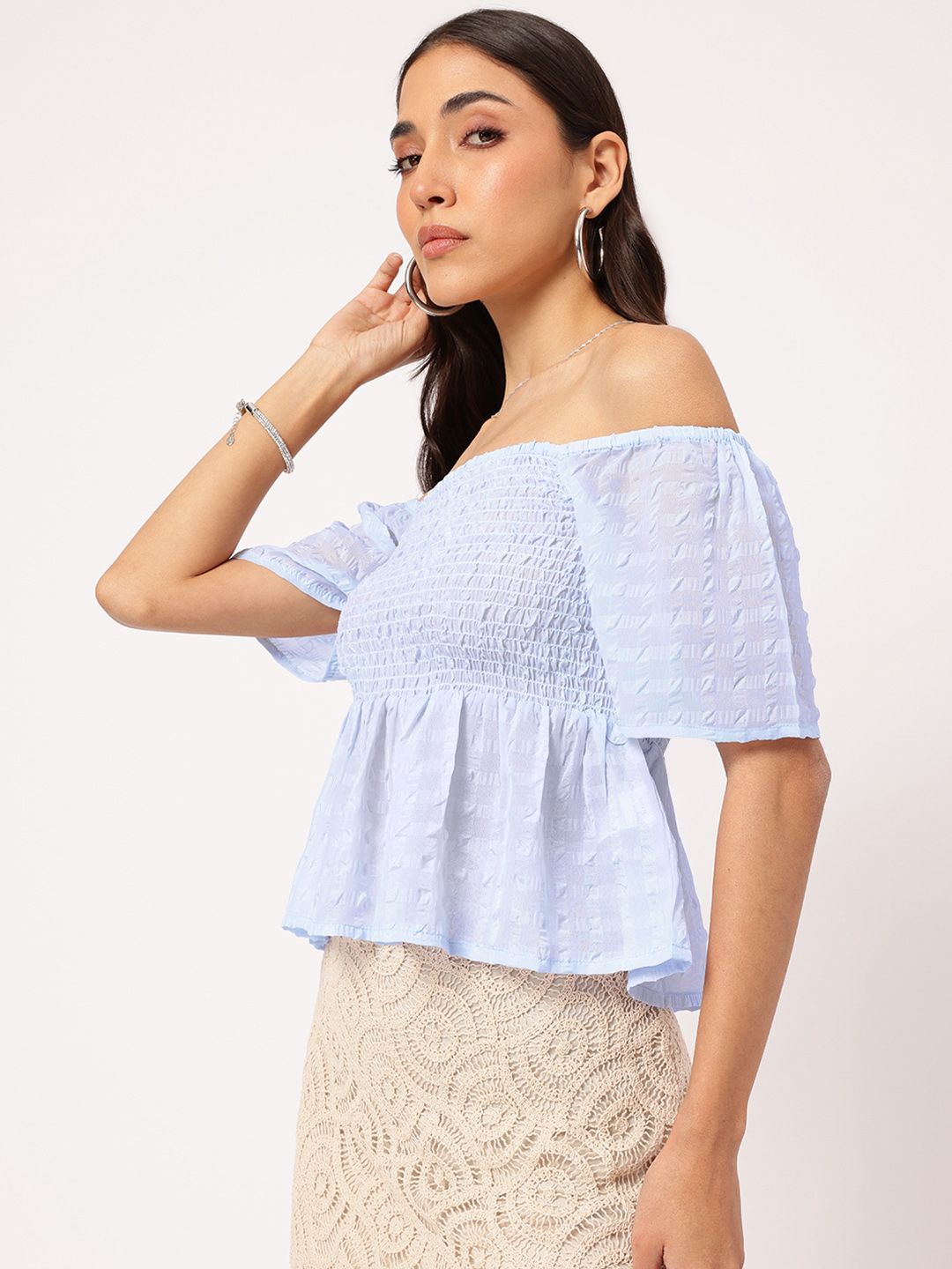 DressBerry Stylish Darling Smocked Off-Shoulder Textured Peplum Top