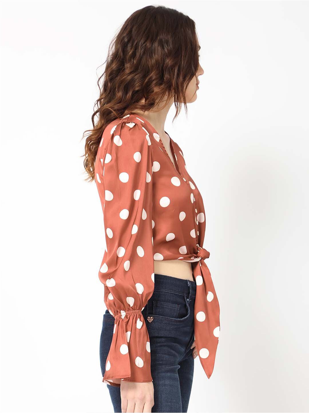 RAREISM Polka Dot Print Puff Sleeve Styled Back Crop Top