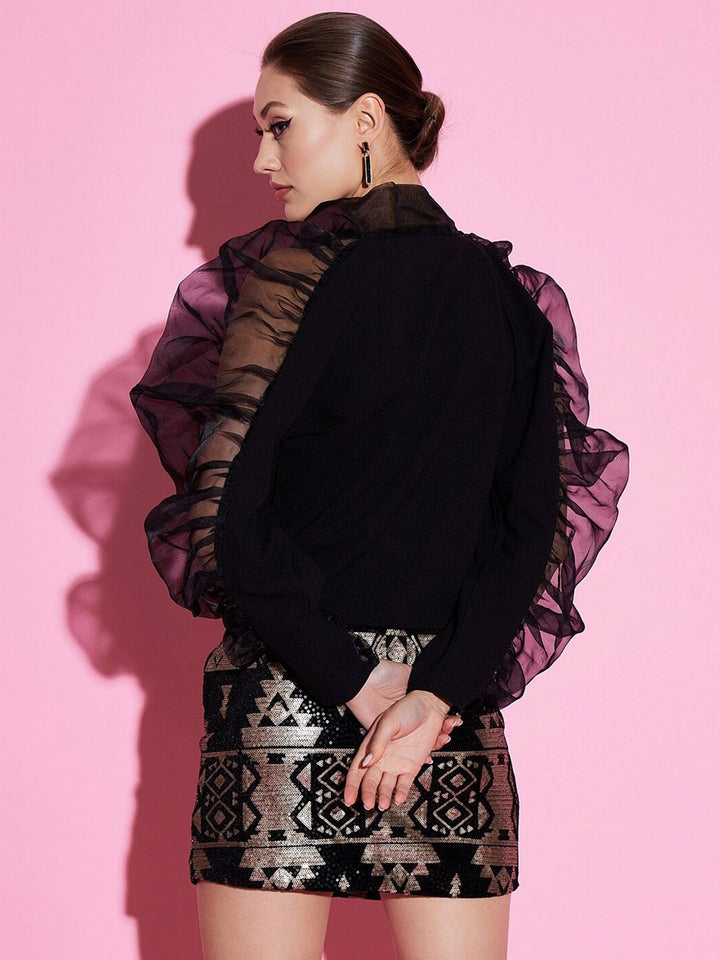 Athena Black Tie-Up Neck Puff Sleeves Power Shoulders Scuba Top