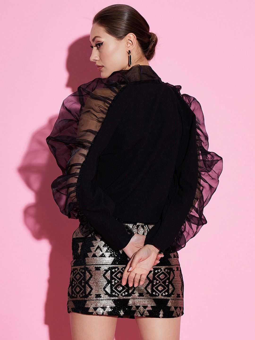 Athena Black Tie-Up Neck Puff Sleeves Power Shoulders Scuba Top