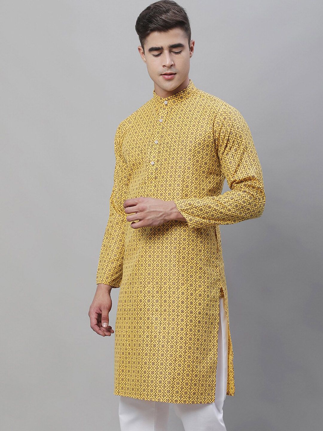 SOJANYA Men Geometric Printed Cotton Linen Kurta