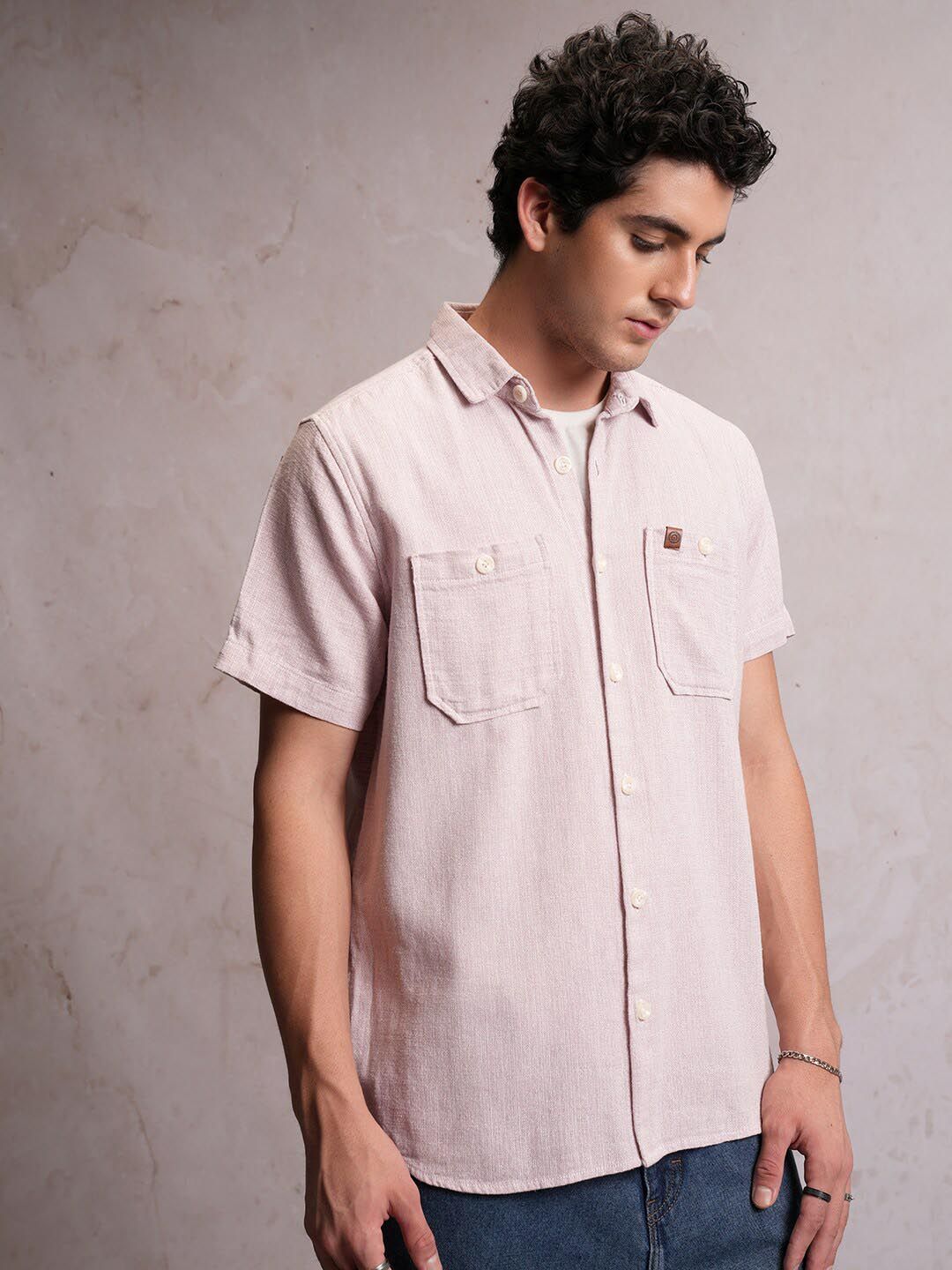 Locomotive Men Light Pink Dobby Textured Checked Utility Pocket Regular Shirt