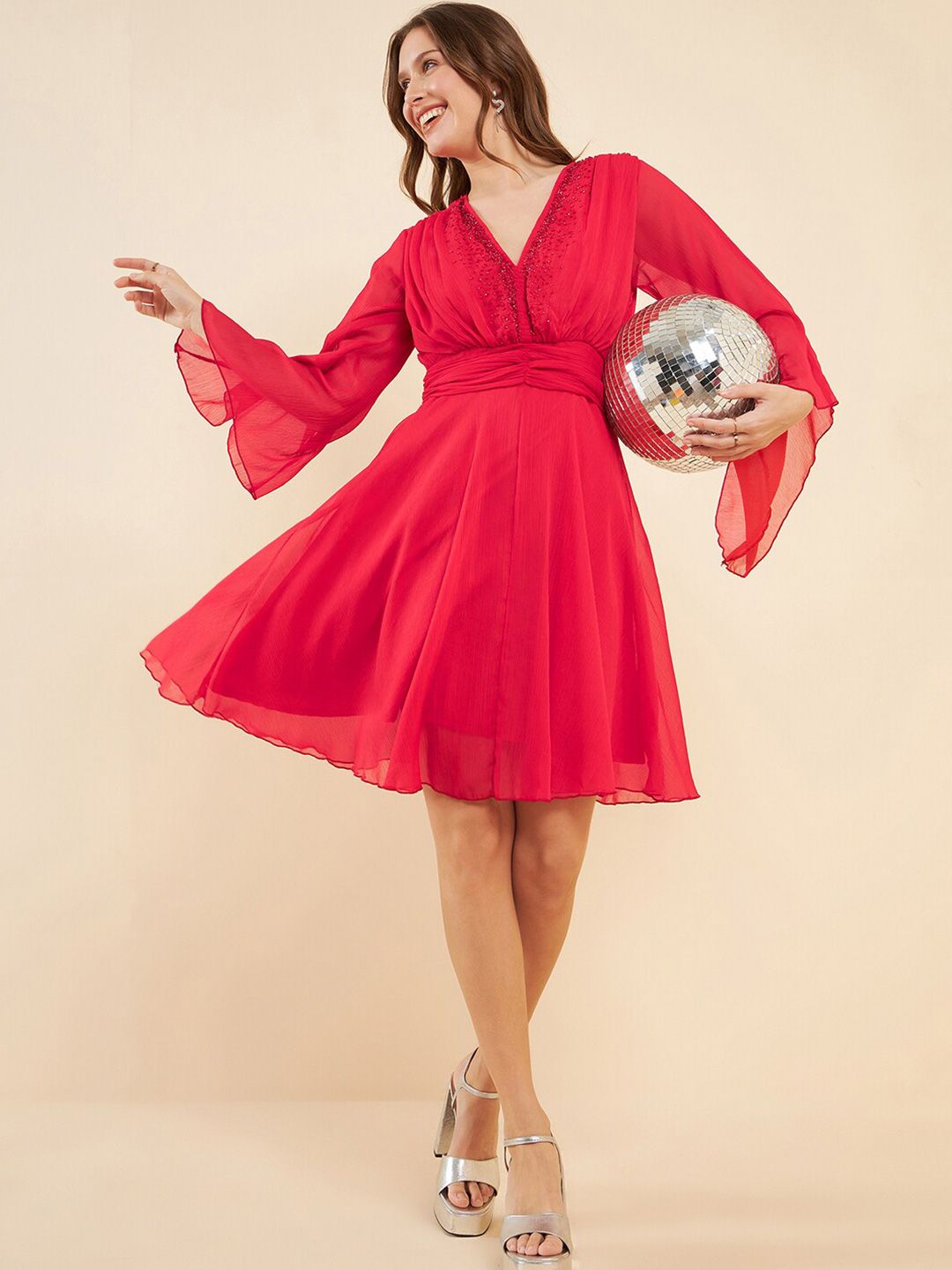 Antheaa Red V-Neck Flared Sleeve Sequinned Fit & Flare Dress