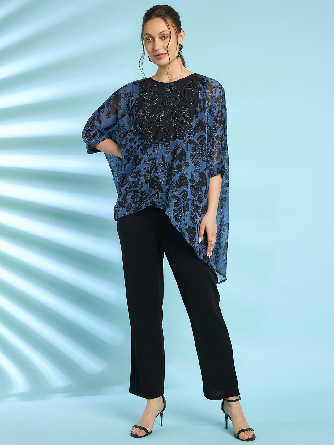 Antheaa Navy Blue Floral Printed Top With Trouser