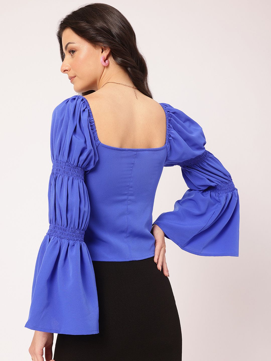 DressBerry Effortless Elegance Ruched Tiered Bell Sleeves Slit Front Empire Top