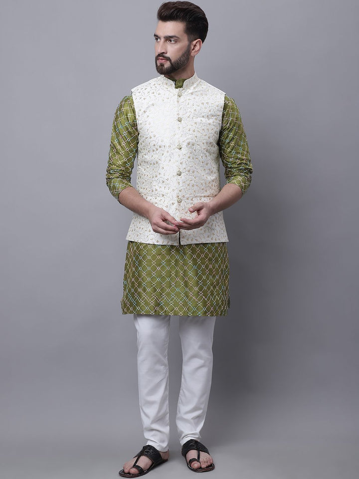 SOJANYA Motif Etnik Lelaki Sulam Kurta Dengan Baju Tidur & Jaket Nehru