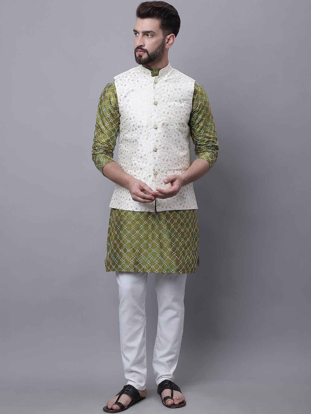 SOJANYA Motif Etnik Lelaki Sulam Kurta Dengan Baju Tidur & Jaket Nehru